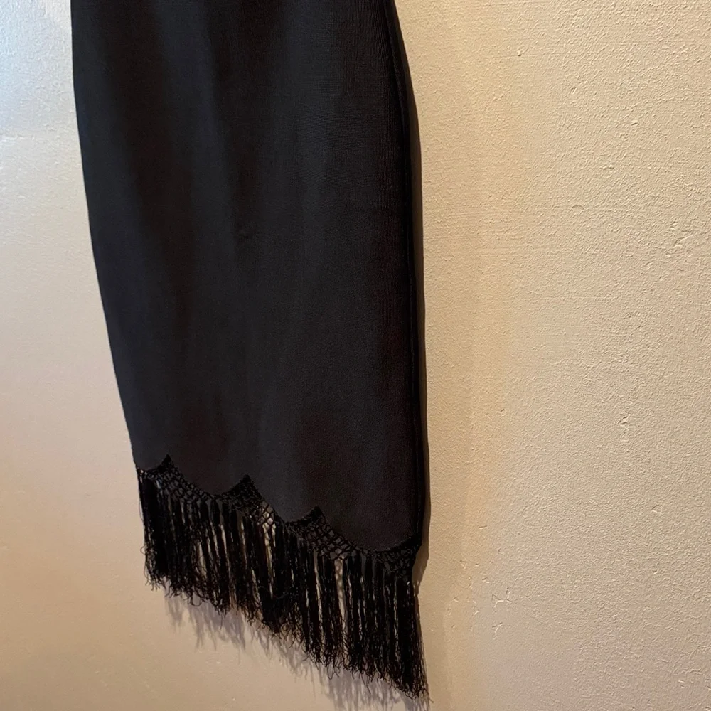 A.L.C Scalloped Black Fringe Hem Pencil Bodycon High Waisted Tassel Skirt - Picture 6 of 13